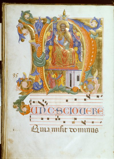 Initiaal N met Sint Petrus op de troon en de bevrijding van Sint Petrus door Cenni di Francesco