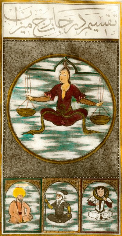 Sterrenbeeld: voorstelling van het astrologische teken van de weegschaal. Plaat uit een manuscript door Central Asian School