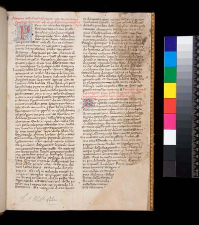 Ms 148. Gregorius de Grote, Dialogi in Italiaanse vertaling door Domenico Cavalca, f.1r Versierde letters [P] en [D] in rood met penwerkdecoratie in blauw door Central Italian School