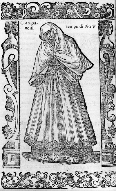 Renaissance: een courtisane ten tijde van paus Pius V (1566-1572). Gravure uit 