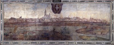 Uitzicht op de stad Wenen, Oostenrijk. Uitzicht op de steden van het Habsburgse Rijk. Fresco van het Michelozzo Hof in het Palazzo Vecchio in Florence. Schilderij door Sebastiano Veronese Giovanni Lombardi, Cesare Baglioni en Turino da Piamonte, circa 1565 door Cesare Baglioni