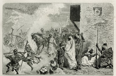 Een jonge jongen wordt in triomf gedragen na de besnijdeningsceremonie, te midden van de menigte die in de lucht schiet, terwijl hij schreeuwt en zich weer vermaakt, gravure door C. Biseo ter illustratie van het verhaal Le Maroc door Edmondo de Amicis, in door Cesare Biseo