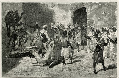 Het laden van kamelen van de karavaan van de auteur van het verhaal, Atanger, gravure door Biseo, ter illustratie van het verhaal Le Maroc door Edmondo de Amicis, in 1875, gepubliceerd in Le tour du monde, onder leiding van Edouard Charton door Cesare Biseo
