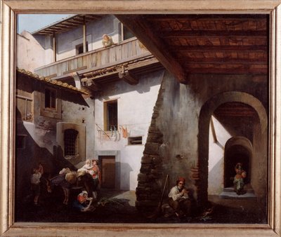 Boeren in de binnenplaats van een herberg door Cesare Coghetti