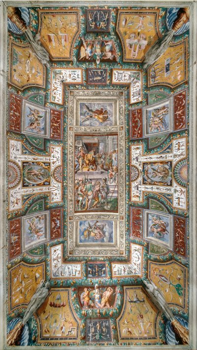 Pier Maria Rossi met de eer van de Orde van Sint-Michiel, Zicht op het plafond van de Sala delle Gesta Rossiane, Rocca dei Rossi, San Secondo, Parma, Italië, ca.1570 door Cesare and Jacopo Bertoia and others Baglione