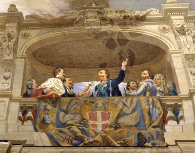Carlo Alberto geeft het zwaard aan Vittorio Emanuele II (detail) door Cesare Mariani