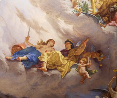 (detail) Allegorie van Italië, fresco door Cesare Mariani, plafond, Zaal van de Meerderheid, Palazzo delle Finanze, Rome door Cesare Mariani