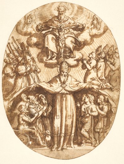 De Drie-eenheid met leden van een broederschap en een paus als beschermer van de zieken. Ovale compositie door Cesare Nebbia