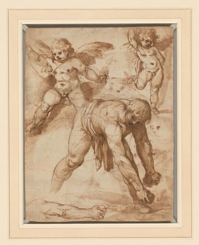 Studies van een figuur die zich bukt, twee putti en een arm (recto); Rust tijdens de vlucht naar Egypte (verso) door Cesare Rossetti