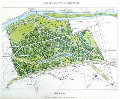 Plan van het Bois de Boulogne in Parijs, uitgegeven door Caudrilier, 1860 door Ch. Walter