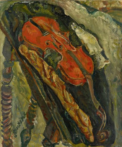 Stilleven met viool, brood en vis door Chaim Soutine