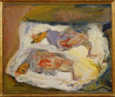 Twee haantjes op wit doek door Chaim Soutine