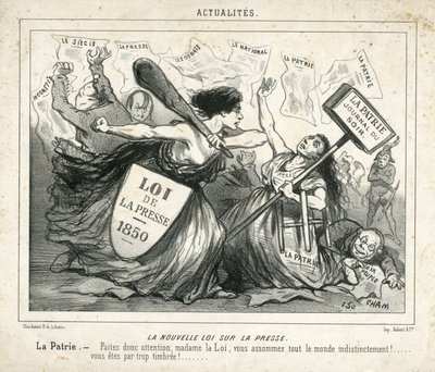 Illustratie van Cham in Le Charivari, circa 1850-4-3 - De nieuwe wet op de pers - Censuur, Pers/Media, Wet - Proudhon Pierre-Joseph, Girardin Emile de - Allegorie door Amédée de Noé