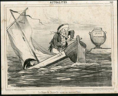 Illustratie van Cham (1819-1879) in Le Charivari, circa 1850 - De Prins van Joinville met een slechte piloot - Verkiezingen, President van de Republiek, Maritieme Marine Nautique Balneaire - Thiers Adolphe, Francois d