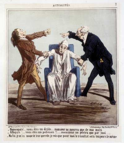 Cartoon over allopathie en homeopathie door Cham door Amédée de Noé