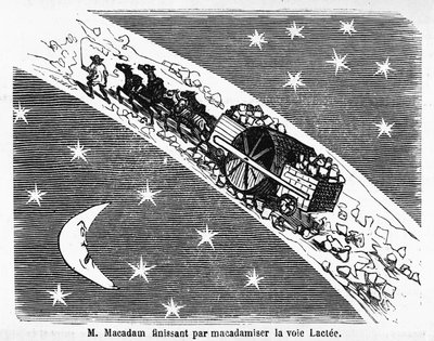 Cartoon over de stenen bestrating van straten, MacAdam, Schotse ingenieur (1756-1838): "M. Macadam eindigt met het macadamiseren van de Melkweg" - in "Album Charivarique", ill. de Cham door Amédée de Noé