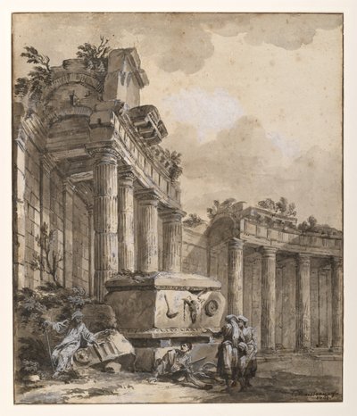 Figuren bij een verwoeste zuilengang door Charles Louis Clerisseau