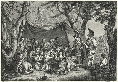 De koninginnen van Perzië aan de voeten van Alexander (gravure) door Charles (after) Le Brun