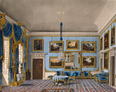 Blauwe fluwelen hal, gravure door Daniel Havell, gebaseerd op ontwerp door Charles Wild, uit The History of the Royal Residences door Charles (after) Wild