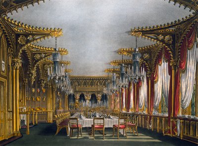Gotische eetkamer, gravure door Thomas Sutherland, gebaseerd op ontwerp door Charles Wild, uit The History of the Royal Residences door Charles (after) Wild