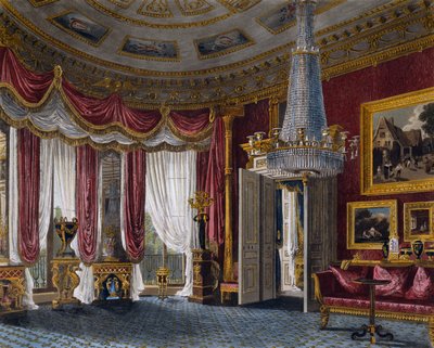 Roze satijnen salon, Gravure door Richard Reeve (geboren in 1780), Gebaseerd op ontwerp van Charles Wild (1781-1835), Uit The History of the Royal Residences door Charles (after) Wild