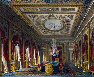 Troonzaal, gravure door Thomas Sutherland, gebaseerd op ontwerp door Charles Wild, uit The History of the Royal Residences door Charles (after) Wild