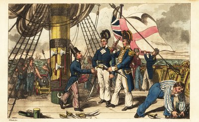Kapitein Spring maakt adelborst Newcome zijn adjudant en overhandigt hem zijn zwaard op het achterdek van HMS Victory door Charles (c.1797 1850) (after) Williams