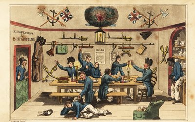 Johnny Newcome brengt rum naar zijn mede-officieren in de mess van de adelborst door Charles (c.1797 1850) (after) Williams