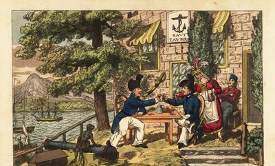 Adelborst Newcome en meestermaat Spunyarn drinken zwarte band of Malaga wijn in de Navy Tavern, op de top van Scud Hill, Gibraltar door Charles (c.1797 1850) (after) Williams