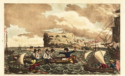 Adelborst Newcome overgebracht per roeiboot naar de HMS Vanguard bij Gibraltar door Charles (c.1797 1850) (after) Williams