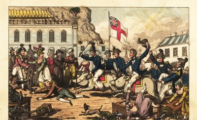 Officieren van de Koninklijke Marine rijden op varkens door de markt in Gibraltar door Charles (c.1797 1850) (after) Williams