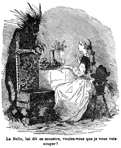 Illustratie voor het verhaal van mevrouw Jeanne Marie Leprince de Beaumont "Beauty and the Beast", 19e eeuw door Charles Albert dArnoux Bertall
