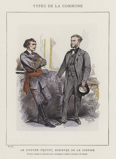 Le Citoyen Protot, Minister van Justitie, M Rousse, batonnier van de orde van advocaten, komt vragen om de Aartsbisschop en M Chaudey te verdedigen door Charles Albert d Arnoux Bertall