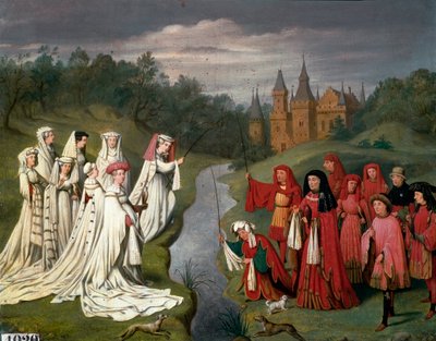 Negen prinsen en acht prinsessen van het Huis van Bourgondië van Philippe de Stoute tot Karel de Stoute, jagen op een valk of vissen in het park van een kasteel (naar Jan Van Eyck) door Charles Alexandre Debacq