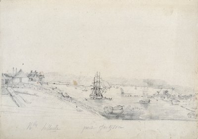 Rechts, het kamp van de Fransen van de Baudin-expeditie naar Bennelong Point, links, Sydney, huis van Nicolas Bayley - potlood en inkt door Charles Alexandre Lesueur door Charles Alexandre Lesueur