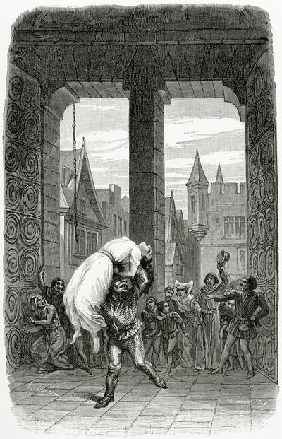 Quasimodo redt Esmeralda van executie - illustratie uit Notre Dame de Paris, 19e eeuw door Charles Alexandre Lesueur