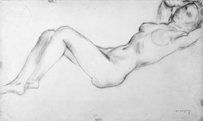 Liggend vrouwelijk model met de armen boven het hoofd door Charles Alexandre Malfray