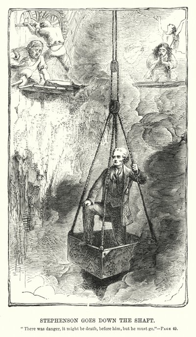 Stephenson gaat de schacht in (gravure) door Charles Altamont Doyle