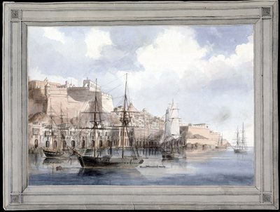 Uitzicht op Malta (de grote haven van Valletta met Fort Sant Angelo) door Charles Andrew Dyce