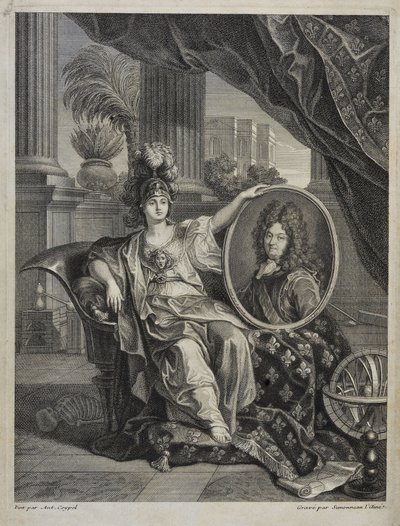 Lodewijk XIV (1638-1715), Koning van Frankrijk, Beschermer van de Wetenschappen - gravure door Antoine Coypel in 