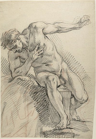 Schets van een Mannelijke Naakte Leunend op Rechter Elleboog (recto) door Charles Antoine Coypel