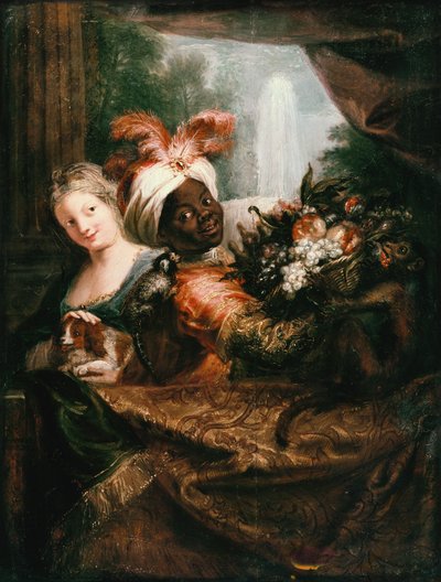 Jonge Zwarte Man met een Mand met Fruit en een Jong Meisje dat een Hond Aait door Charles Antoine Coypel