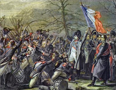 Napoleon terugkerend van Elba - gravure naar Steuben - De terugkeer van Napoleon I van het eiland Elba, ontscheping in Cannes op 1 maart 1815 door Charles Auguste (after) Steuben