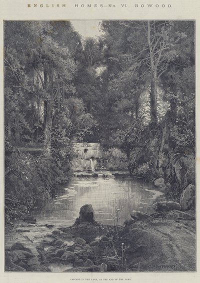 Engelse huizen, Bowood, waterval in het park, aan het einde van het meer door Charles Auguste Loye