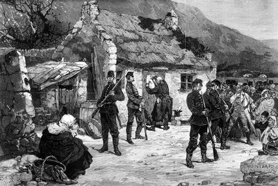 Uitzetting van een Ierse boer door Engelse politie, prent gemaakt door F. Moller, uit 