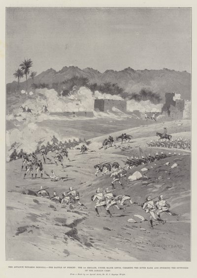 De Opmars naar Dongola, de Slag bij Ferket, de 1e Brigade, onder leiding van Majoor Lewis, zuivert de Rivieroever en bestormt de Buitenwerken van het Jahalin Kamp door Charles Auguste Loye