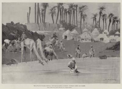 De Vooruitgang naar Dongola, het Hoofdkwartier in Ferket, het Wateren van Kamelen en Paarden door Charles Auguste Loye