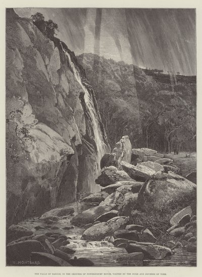 De watervallen van Dargle, in de tuinen van Powerscourt House, bezocht door de hertog en hertogin van York door Charles Auguste Loye