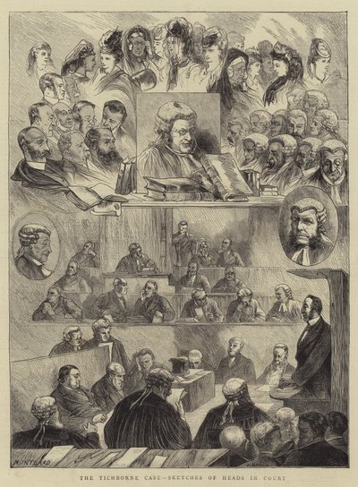De Tichborne-zaak, schetsen van hoofden in de rechtbank door Charles Auguste Loye