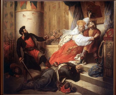 De moeder (Nathalie Narychkine) redt Peter I van Rusland (Peter de Grote) als kind tijdens de Streltsy-opstand van 1682, schilderij van Ivan Makarov (1822-1897), olie op doek door Charles Auguste Steuben
